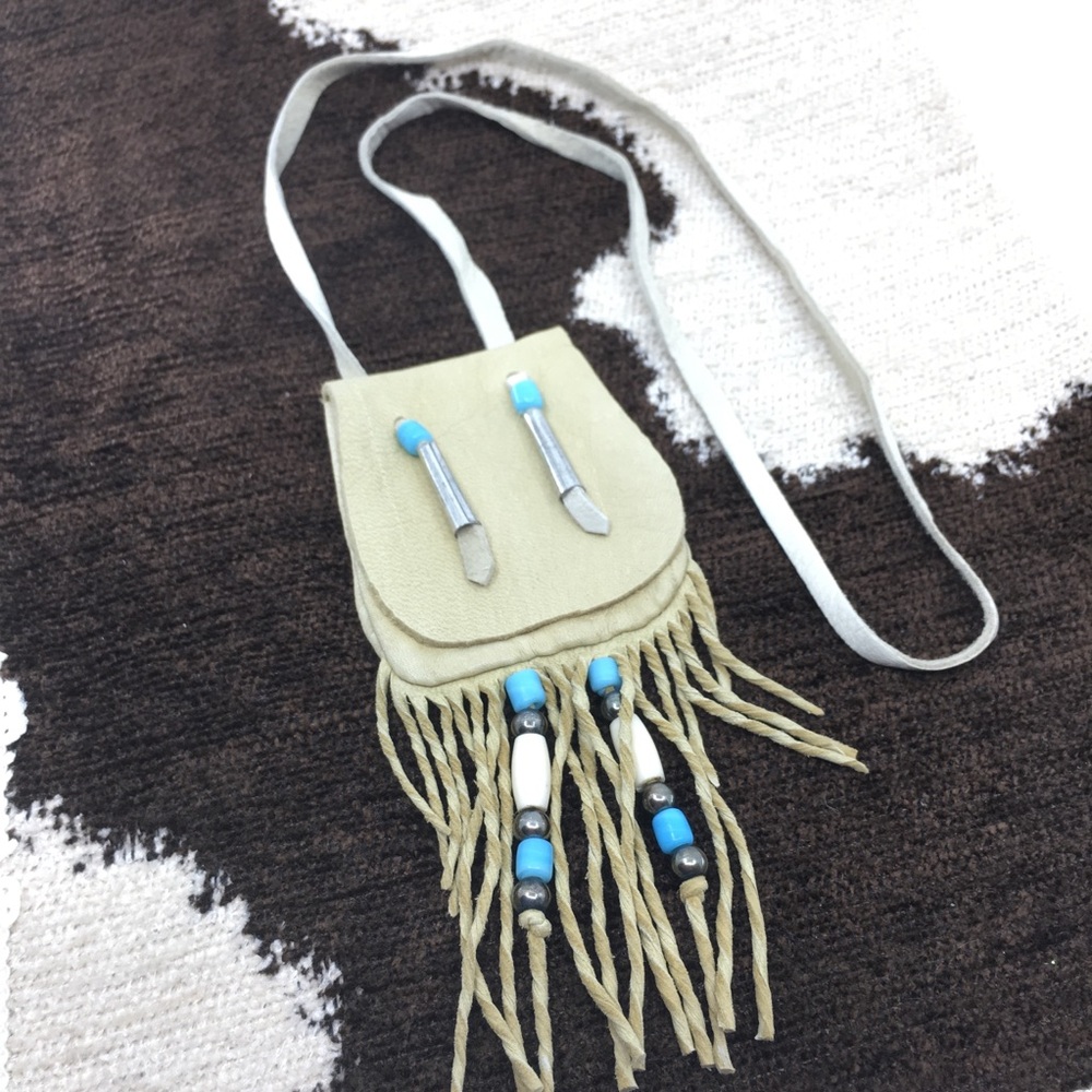 Leather Medicine Bag Necklace Pouch Beaded Fringe Boho Gypsy Handmade Tan Tribal